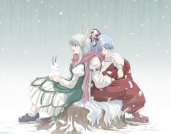  2girls bad_link blue_hair bow dress duplicate ex-keine fujiwara_no_mokou green_hair hairbow haniwa_(leaf_garden) horns kamishirasawa_keine leg_up long_hair multiple_girls opposing_sides pants red_eyes scarf shared_clothes shared_scarf shoes sitting snow snowing snowman suspenders touhou tree_stump 