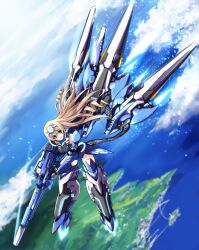  beam_rifle blonde_hair blue_eyes blue_tears_(infinite_stratos) breasts cecilia_alcott commentary_request drill_hair energy_gun female gun hairband highres infinite_stratos kaoru348 long_hair mecha_musume medium_breasts smile solo weapon 