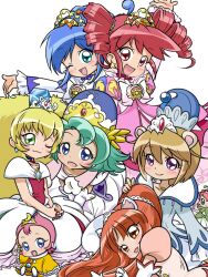  6+girls ;d altessa_(futagohime) animal_ears blonde_hair blue_eyes blue_hair blush brown_eyes brown_hair cat_ears character_request choker commentary_request dress drill_hair fine_(futagohime) fine_(prominence_dress_up)_(futagohime) fushigiboshi_no_futago_hime green_eyes green_hair group_picture happy hat leonne_(futagohime) long_hair long_sleeves magical_girl miruro_(futagohime) multiple_girls one_eye_closed open_mouth photoshop_(medium) pink_dress pink_hair ponytail princess purple_eyes red_eyes red_hair rein_(futagohime) rein_(prominence_dress_up)_(futagohime) short_hair sinko_(sinsin) smile sophie_(futagohime) supportasse tiara twin_drills twintails 