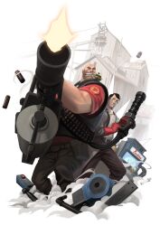  2boys bald bandolier building commentary dispenser_(team_fortress) english_commentary explosive facial_hair food gatling_gun glasses gloves grenade gun heavy_(tf2) highres lab_coat male_focus medi_gun medic_(tf2) minigun mouth_hold multiple_boys necktie okita red_gloves red_heavy_(tf2) red_medic_(tf2) red_necktie sandvich sandwich sentry shell_casing smoke stubble syringe team_fortress_2 teleporter weapon 