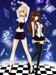  2girls bad_id bad_pixiv_id black_thighhighs blonde_hair breasts brown_eyes brown_hair cleavage cosplay croupier fate/extra fate_(series) full_body green_eyes hair_ribbon hairband high_heels kishinami_hakuno_(female) large_breasts legs long_hair long_legs medium_breasts microskirt miniskirt multiple_girls navel nero_claudius_(fate) nero_claudius_(fate/extra) pencil_skirt ribbon rina_tachibana rina_tachibana_(cosplay) rio_rollins rio_rollins_(cosplay) s-ei shoes short_hair side_slit skirt smile super_blackjack thighhighs thighs zettai_ryouiki 