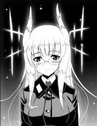  bad_id bad_pixiv_id blush breasts female glasses greyscale heidimarie_w._schnaufer hirschgeweih_antennas kyogoku_shin long_hair looking_at_viewer medium_breasts military military_uniform monochrome solo strike_witches uniform upper_body world_witches_series 