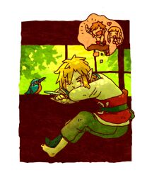  1boy bird blonde_hair commentary_request dreaming female link motimamire pointy_ears princess_zelda the_legend_of_zelda the_legend_of_zelda:_skyward_sword 