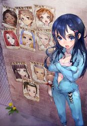  blue_eyes blue_hair breasts center_opening character_request cleavage commentary_request crossed_arms dengeki_bunko female hair_ornament hairclip hitowa long_hair lowres medium_breasts navel nun photoshop_(medium) poster_(object) solo stuffed_toy unzipped wanted 