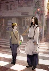  2boys animal_ears bag black_hair blonde_hair commentary_request crosswalk fox_ears fox_tail glasses groceries japanese_clothes long_hair looking_up male_focus multiple_boys original photoshop_(medium) spring_onion standing tail toi8 yellow_eyes 