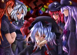  6+girls armband bad_id bad_pixiv_id blue_eyes blue_hair braid closed_eyes crescent cross crossed_arms dress_shirt flandre_scarlet glowing glowing_eyes hair_ribbon hat head_rest head_wings heart hong_meiling izayoi_sakuya koakuma long_hair military military_uniform multiple_girls nazi necktie pandora-ex patchouli_knowledge purple_eyes red_eyes red_hair remilia_scarlet ribbon shirt short_hair smirk star_(symbol) swastika touhou twin_braids uniform white_hair wings 