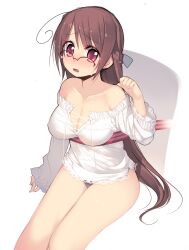  :o ahoge arima_senne bare_legs bare_shoulders black_panties blouse breasts brown_hair cleavage female glasses kashiwamochi_yomogi large_breasts long_hair no_bra no_pants original panties photoshop_(medium) pink_eyes shirt sitting solo thighs underwear very_long_hair 