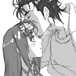  1boy adjusting_hair ame_noti_hare commentary_request female greyscale kissing kissing_forehead long_hair makise_kurisu monochrome okabe_rintarou short_hair steins;gate surprised 