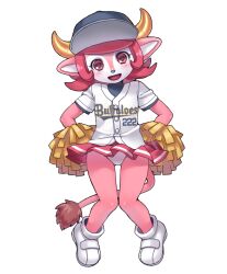  baseball_cap baseball_jersey buffalo_bell clothes_writing commentary_request cow_girl cow_horns female hat horns jersey mascot nippon_professional_baseball open_mouth orix_buffaloes panties pink_eyes pink_hair pleated_skirt pom_pom_(cheerleading) short_hair shouni_(sato3) simple_background skirt smile solo tail underwear white_panties 