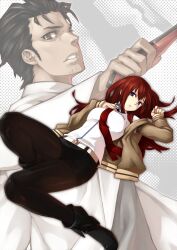  1boy 23_(real_xxiii) belt black_hair black_pantyhose blue_eyes boots breasts brown_eyes brown_hair cellphone commentary_request facial_hair female hand_on_own_chest highres jacket lab_coat long_hair makise_kurisu medium_breasts necktie okabe_rintarou pantyhose pantyhose_under_shorts phone red_necktie short_hair shorts steins;gate stubble 