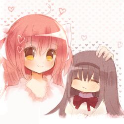  akemi_homura bad_id bad_pixiv_id banned_artist blush closed_eyes hairband hand_on_another&#039;s_head heart itou_mikan kaname_madoka long_hair mahou_shoujo_madoka_magica multiple_girls petting pink_hair smile tears ultimate_madoka yellow_eyes 