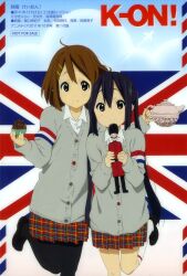  2girls ahoge animedia black_hair black_pantyhose brown_hair cardigan cupcake doll flag_background food hair_ornament hairclip highres hirasawa_yui horiguchi_yukiko imageboard_desourced k-on! k-on!_movie kneehighs long_hair magazine_scan multiple_girls nakano_azusa non-web_source official_art pantyhose plaid plaid_skirt scan short_hair skirt socks soldier takeda_akiyo tamine_ikuko teapot twintails union_jack very_long_hair white_legwear 