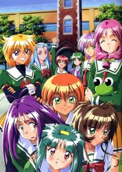  1990s_(style) 6+girls :d ^_^ akai_homura arm_up asou_kasumi blonde_hair blue_eyes blue_hair blush bow brown_eyes brown_hair closed_eyes crossed_arms front_ponytail green_eyes green_hair green_shirt grin group_picture happy hibikino_high_school_uniform hinomoto_hikari ichimonji_akane ijuuin_mei kokura_masashi kotobuki_miyuki long_hair minazuki_kotoko mole mole_under_eye multiple_girls necktie official_art open_mouth orange_hair pink_hair purple_eyes purple_hair red_hair retro_artstyle ribbon sakura_kaedeko scan school school_uniform shirayuki_miho shirt short_hair smile surprised tokimeki_memorial tokimeki_memorial_2 tree yae_kaori 