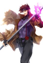  1boy bo_staff brown_hair card coat commentary_request daimon560 fingerless_gloves fire gambit gloves holding holding_card male_focus marvel muscular pink_fire playing_card red_eyes signature simple_background solo staff trench_coat white_background x-men 