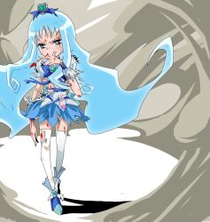  blood blue_eyes blue_hair blue_skirt blue_theme bow brooch commentary_request cure_marine dress female full_body grey_background hair_ornament hair_ribbon hairpin hand_on_own_face heart heart_brooch heartcatch_precure! injury jewelry kurumi_erika long_hair magical_girl photoshop_(medium) precure ribbon sinko_(sinsin) skirt solo spitting spitting_blood thighhighs torn_clothes white_thighhighs wrist_cuffs 