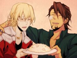  bad_id bad_pixiv_id bandages banned_artist barnaby_brooks_jr blonde_hair brown_hair closed_eyes facial_hair food fried_rice glasses jacket jewelry kaburagi_t_kotetsu laughing male_focus multiple_boys necklace red_jacket shirt spoon stubble t-shirt tiger_&amp;_bunny u_(mypace) 