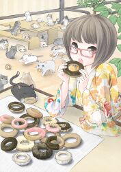  :3 absurdres bad_id bad_pixiv_id bench black_eyes black_hair closed_eyes doughnut eating feline female food glasses highres japanese_clothes kimono looking_at_viewer mouth_hold nekobaka o_o open_mouth original photoshop_(medium) red-framed_eyewear short_hair sitting solo table tears too_many too_many_cats 