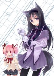  2girls adjusting_clothes adjusting_gloves akemi_homura akemi_homura_(magical_girl) animal animal_ears animal_hug bad_id bad_pixiv_id black_hair commentary_request dog_ears dog_tail gloves hairband kaname_madoka long_hair magical_girl mahou_shoujo_madoka_magica mahou_shoujo_madoka_magica_(anime) mitakihara_school_uniform multiple_girls pantyhose pink_eyes pink_hair purple_eyes school_uniform short_hair tadano_kagekichi tail white_gloves 