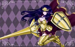  alternate_color annelotte_(queen&#039;s_blade) argyle_background armor armored_dress boots breasts cape cleavage colored_skin commentary_request dark_persona demon_annelotte female gauntlets inoino lance large_breasts legs lipstick long_hair makeup pale_skin pointy_ears polearm purple_background purple_hair purple_skin queen&#039;s_blade queen&#039;s_blade_rebellion red_eyes shield sideboob solo thigh_boots thighhighs thighs tiara weapon 