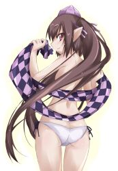  ass bad_id bad_nicoseiga_id brown_eyes brown_hair checkered female flat_ass from_behind hat himekaidou_hatate long_hair looking_at_viewer looking_back panties pointy_ears purple_eyes shawl side-tie_panties simple_background solo tokin_hat topless touhou twintails underwear underwear_only very_long_hair yumesato_makura 