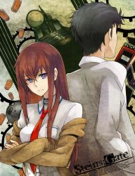  1boy ashita_(2010) back-to-back bad_id bad_pixiv_id black_hair brown_hair cellphone crossed_arms facial_hair female from_behind jacket lab_coat long_hair makise_kurisu necktie off_shoulder okabe_rintarou phone purple_eyes red_necktie steins;gate stubble 