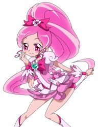  blush boots bow brooch choker commentary_request cure_blossom dress earrings eyelashes female hair_ribbon hanasaki_tsubomi heart heart_brooch heartcatch_precure! high_ponytail jewelry knee_boots leaning_forward long_hair magical_girl panties pantyshot photoshop_(medium) pink_bow pink_choker pink_eyes pink_hair pink_theme ponytail precure ribbon sinko_(sinsin) smile solo underwear wide_ponytail wrist_cuffs 