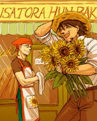  2boys apron bakery bandana barnaby_brooks_jr. blonde_hair brown_eyes brown_hair commentary_request facial_hair feriowind flower glasses green_eyes hat kaburagi_t._kotetsu male_focus multiple_boys photoshop_(medium) shop stubble sun_hat sunflower tiger_&amp;_bunny towel 