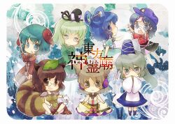  6+girls :o animal_ears belt blue_eyes blue_hair bottle broom brown_eyes brown_hair chibi commentary_request dress earmuffs futatsuiwa_mamizou ghost glasses green_dress green_eyes green_hair grey_eyes grey_hair hair_ornament hair_rings hair_stick hat hat_ornament japanese_clothes jiangshi kaku_seiga kasodani_kyouko leaf leaf_on_head miyako_yoshika mononobe_no_futo multiple_girls notepad ofuda open_mouth outstretched_arms ponytail raccoon_ears raccoon_tail ritual_baton sen1986 shawl sheath short_hair sitting skirt smile soga_no_tojiko star_(symbol) star_hat_ornament sword tail tate_eboshi ten_desires touhou toyosatomimi_no_miko weapon zombie_pose 