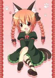  animal_ears bad_id bad_pixiv_id blush braid cat_ears cat_tail dress female green_dress hair_ribbon kaenbyou_rin multiple_tails nekomata oerba_yun_fang open_mouth paw_print pila-pela red_eyes red_hair ribbon sitting solo tail touhou twin_braids twintails 