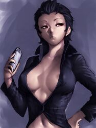  areola_slip black_hair breasts cellphone center_opening el_shaddai female fumio_(rsqkr) genderswap_(mtf) hand_on_own_hip large_breasts lips lucifel_(el_shaddai) navel nose open_clothes open_shirt phone red_eyes rule_63 shirt short_hair solo 