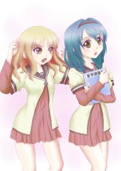  2girls :o arms_up blonde_hair blue_hair book braid brown_eyes clenched_hand commentary_request dress furutani_himawari hair_intakes hairband highres layered_sleeves long_sleeves multiple_girls nanamori_school_uniform nekoya_kazuya oomuro_sakurako open_mouth sailor_dress school_uniform serafuku short_over_long_sleeves short_sleeves twin_braids v-shaped_eyebrows yuru_yuri 