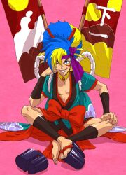  1boy bad_id bad_pixiv_id blue_eyes blue_hair bow flag geta headband japanese_clothes jewelry kabuki_danjuurou kyotuka male_focus multicolored_hair necklace one_eye_closed pectorals shoes single_shoe sitting solo tengai_makyou tengai_makyou_fuuun_kabuki-den tengai_makyou_ii two-tone_hair yellow_eyes 