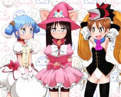  3girls aioi_yuuko animal_ears arms_behind_head azazel_(azazel-san) bandana bird black_dress black_eyes black_hair black_thighhighs blue_eyes blue_hair blush book brown_eyes brown_hair bubble_skirt cat_ears cat_tail commentary_request cosplay crossover crow crow_(nichijou) cube_hair_ornament detached_sleeves dress glasses gloves hair_ornament hat holding kaname_madoka kaname_madoka_(cosplay) kaname_madoka_(magical_girl) kyuubee long_hair magical_girl mahou_shoujo_madoka_magica mahou_shoujo_madoka_magica_(anime) matsumoto_tomoyohi mawaru_penguindrum minakami_mai multiple_crossover multiple_girls naganohara_mio nichijou open_mouth pentagram pink_hat pink_skirt princess_of_the_crystal princess_of_the_crystal_(cosplay) reading sakuma_rinko sakuma_rinko_(cosplay) season_connection short_hair short_twintails skirt smile standing tail thighhighs twintails white_dress witch_hat yondemasu_yo_azazel-san. 