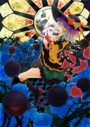  absurdres aqua_eyes commentary_request eyeball female fingernails floral_print flower hat hat_ribbon highres komeiji_koishi kumonji_aruto open_mouth ribbon rose solo stained_glass symbol-shaped_pupils third_eye thorns touhou white_hair 