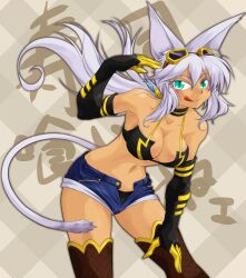  animal_ears aqua_eyes bare_shoulders breasts cat_ears cat_tail cleavage dark_skin denim denim_shorts elbow_gloves gloves kaiten_muten-maru shamu_meruruusa short_shorts shorts solo tail thighhighs tongue white_hair 