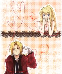  1boy bad_id bad_pixiv_id blonde_hair blue_eyes commentary_request edward_elric female fullmetal_alchemist heart heart_of_string long_hair string string_of_fate string_phone tsukuda0310 winry_rockbell yellow_eyes 