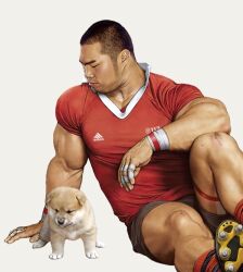  adidas akita akita_inu ambiguous_gender canid canine canis clothing domestic_dog duo english_text feral human jiraiya_(artist) male mammal muscular shirt simple_background soccer spitz sport text text_on_clothing text_on_shirt text_on_topwear topwear white_background young young_ambiguous young_feral 