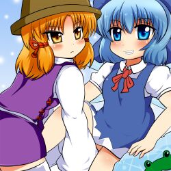  2girls bad_id bad_pixiv_id blonde_hair blue_hair cirno hair_ribbon hat moriya_suwako motsu_(selshia12) multiple_girls photoshop_(medium) ribbon touhou wings yellow_eyes 