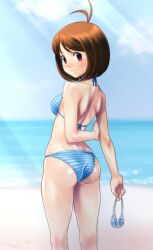  antenna_hair ass back bare_shoulders beach bikini brown_hair commentary_request day female goggles hidaka_ai idolmaster idolmaster_dearly_stars light_rays looking_back muhi11234 outdoors shiny_skin short_hair skindentation smile solo standing striped_bikini striped_clothes sunbeam sunlight swimsuit 