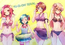  bikini blonde_hair blue_eyes brown_hair closed_eyes green_hair hair_ribbon izayoi_aki mazaki_anzu mizuki_kotori_(yugioh_zexal) mizuki_kotori_(yuu-gi-ou_zexal) one-piece_swimsuit red_eyes red_hair ribbon short_hair smile sunglasses swimsuit tenjouin_asuka yellow_eyes yu-gi-oh! yuu-gi-ou_5d&#039;s yuu-gi-ou_duel_monsters yuu-gi-ou_gx yuu-gi-ou_zexal 