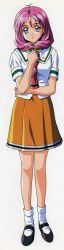  1990s_(style) bare_legs blue_eyes bow female front_ponytail full_body hair_ribbon hibikino_high_school_uniform kokura_masashi long_hair necktie official_art orange_skirt pink_hair retro_artstyle ribbon scan school_uniform shirayuki_miho shoes skirt smile socks solo tachi-e tokimeki_memorial tokimeki_memorial_2 