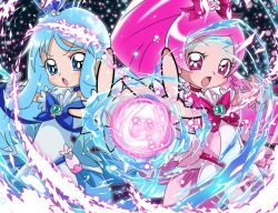  2girls :o blue_choker blue_eyes blue_hair blue_skirt bow brooch choker commentary_request cure_blossom cure_marine dress eyelashes foreshortening hair_ribbon hanasaki_tsubomi heart heart_brooch heartcatch_precure! high_ponytail jewelry kurumi_erika long_hair magic magical_girl multiple_girls open_mouth outstretched_hand photoshop_(medium) pink_bow pink_choker pink_eyes pink_hair ponytail precure ribbon sinko_(sinsin) skirt symmetry wide_ponytail 