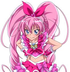  blue_eyes blush bow braid brooch commentary_request cure_melody dress earrings eyelashes female hair_ribbon hairband hands_on_own_hips heart houjou_hibiki jewelry long_hair magical_girl midriff photoshop_(medium) pink_bow pink_hair pink_wrist_cuffs precure ribbon sinko_(sinsin) smile solo suite_precure twintails wrist_cuffs 