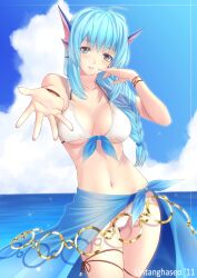  bare_shoulders bikini black_eyes blue_hair blue_sarong blush braid breasts cleavage cloud commentary_request contrapposto day emil_chronicle_online female fins foreshortening front-tie_top hair_over_shoulder halterneck head_fins highres large_breasts leg_ribbon lintanghaseo long_hair looking_at_viewer nail_polish navel ocean outstretched_hand parted_lips photoshop_(medium) ribbon rorona sarong shiny_skin single_braid skindentation sky solo sparkle standing strap_gap swimsuit thigh_ribbon underboob white_bikini 