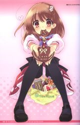  ahoge bad_link black_thighhighs blush brown_eyes brown_hair chocolate female flyable_heart gift hair_ornament hairclip heart heart_ahoge highres holding holding_gift inaba_yui incoming_gift ito_noizi marble_chocolate mouth_hold ootoriryouran_gakuen_school_uniform school_uniform sitting smile solo thighhighs 