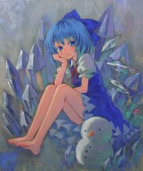  acrylic_paint_(medium) ama-tou bare_legs barefoot blue_bow blue_eyes blue_hair blue_skirt blush bow carrot cirno commentary_request crystal feet female hairbow hand_on_own_chin head_rest highres icicle painting_(medium) short_hair sitting skirt snowman solo toes touhou traditional_media wings 