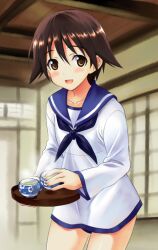  blush brown_eyes brown_hair commentary_request cup female green_tea kyogoku_shin miyafuji_yoshika open_mouth saucer short_hair smile solo strike_witches swimsuit tea uniform world_witches_series 