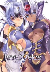  2girls absurdres android blue_eyes blue_hair breasts cleavage cover cover_page cyborg dark-skinned_female dark_skin elbow_gloves gloves hakaba_(dairiseki) highres kos-mos kos-mos_ver._4 large_breasts long_hair multiple_girls red_eyes scan silver_hair t-elos xenosaga xenosaga_episode_iii 