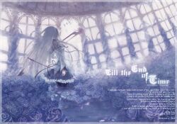  akemi_homura akemi_homura_(magical_girl) arch arrow_(projectile) bad_id bad_pixiv_id blue_flower blue_rose blue_theme bow_(weapon) english_text female flower from_behind greenhouse hairband kistina long_hair lyrics magical_girl mahou_shoujo_madoka_magica mahou_shoujo_madoka_magica_(anime) monochrome photoshop_(medium) purple_theme rose solo standing weapon 