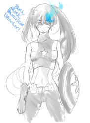  black_rock_shooter black_rock_shooter_(character) blue_eyes captain_america captain_america_(cosplay) cosplay drawfag female fire long_hair marvel midriff navel shield solo star_(symbol) twintails weapon 